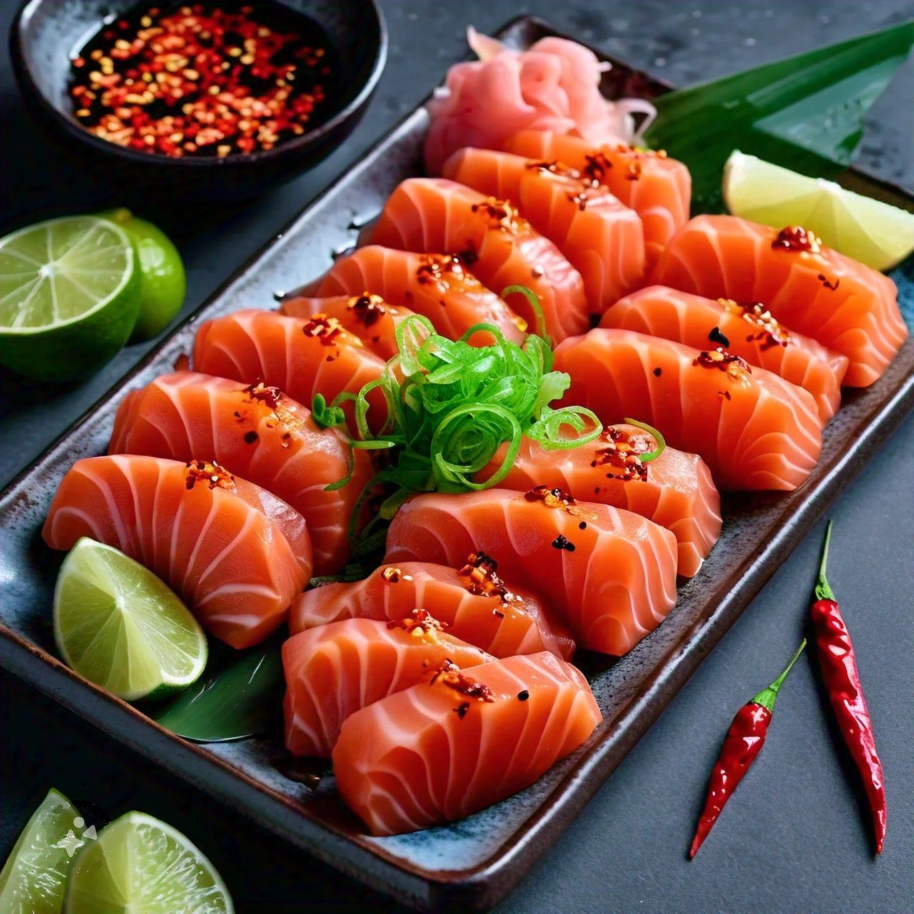 Pikante sashimi zalm (8 stuks)